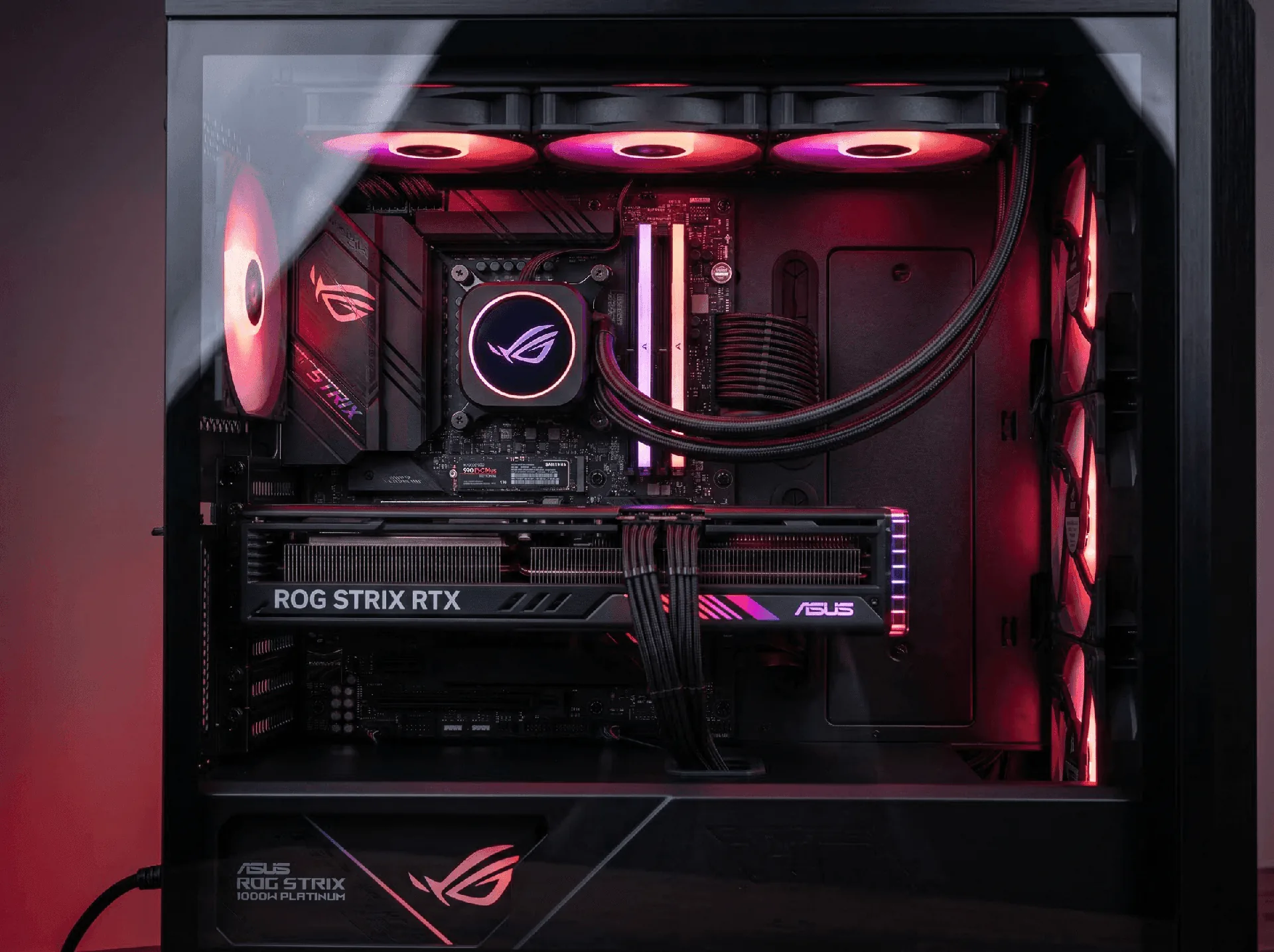 Custom gaming PC with red RGB lighting